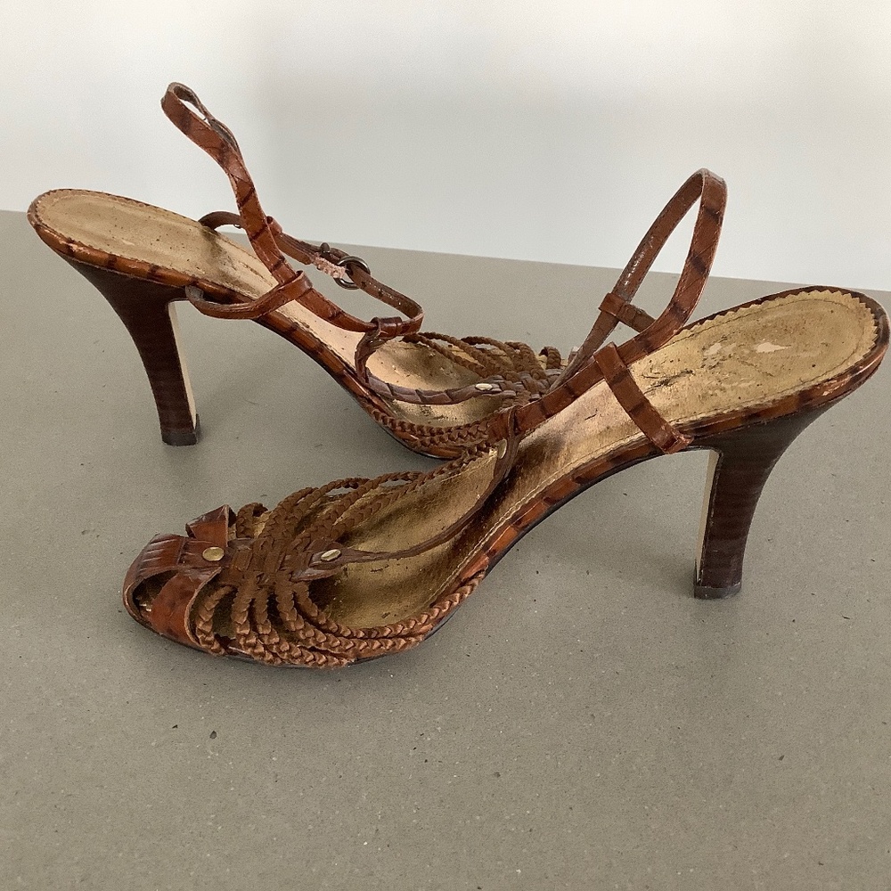 Nine West Size 8 Croc Embossed Brown Strappy Slingback High-heeled Shoes